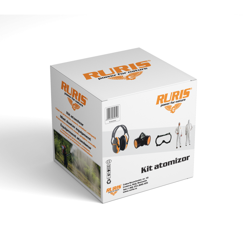 Pracovní souprava: stříkací pistole, přilba, kombinéza, ochranné brýle, maska.